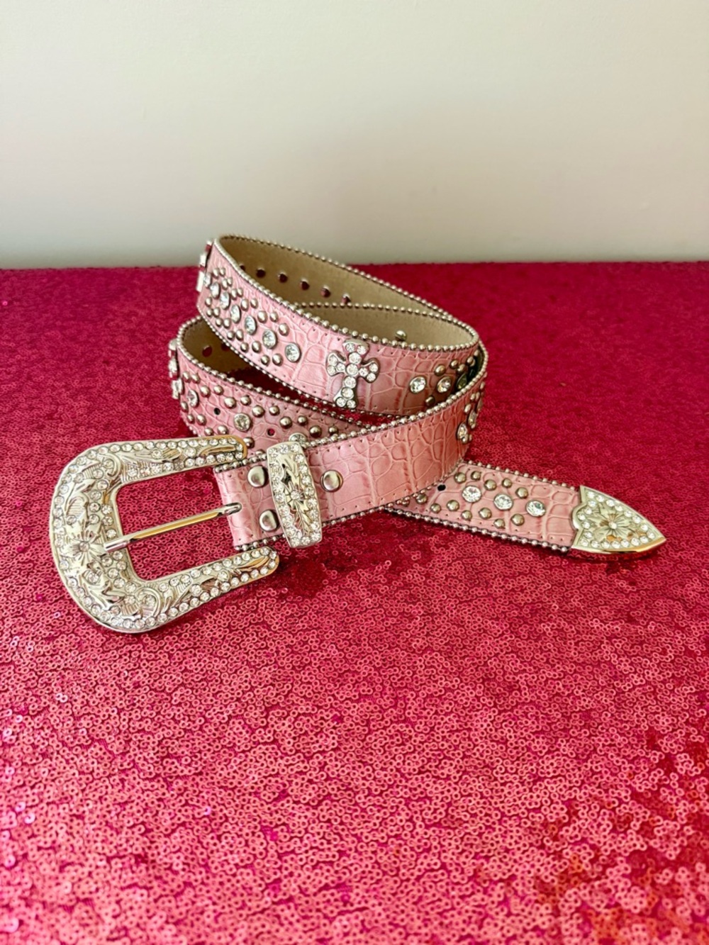 🎀Rhinestone Cowgirl Pink Leather Crystal Cross Silver Belt L/XL
